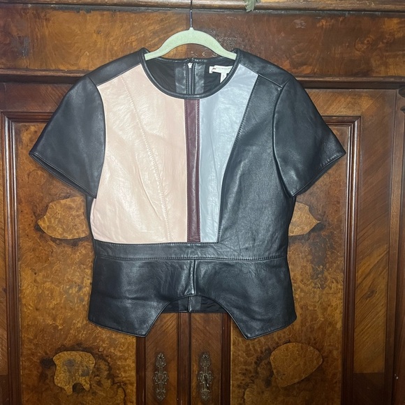 NWOT BCBG Max Azria Runway leather top with color-blocked panels. Size L - Picture 2 of 9